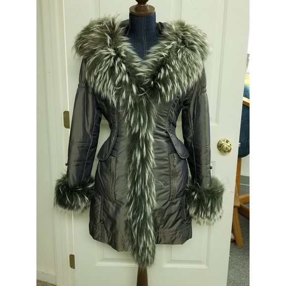 New Fur Trimmed Green Quilted Convertible Jacket Real Finland Racoon Rabbit Vest - Picture 2 of 16